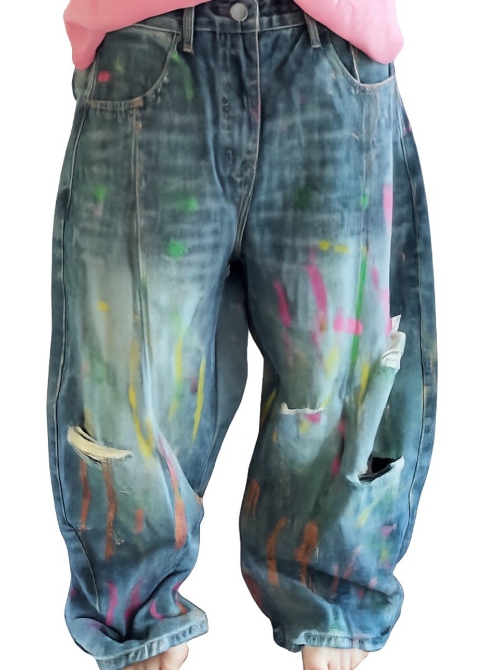 Paint-Splatter Distressed Baggy Jeans - Blue with Multicolor Splashes
